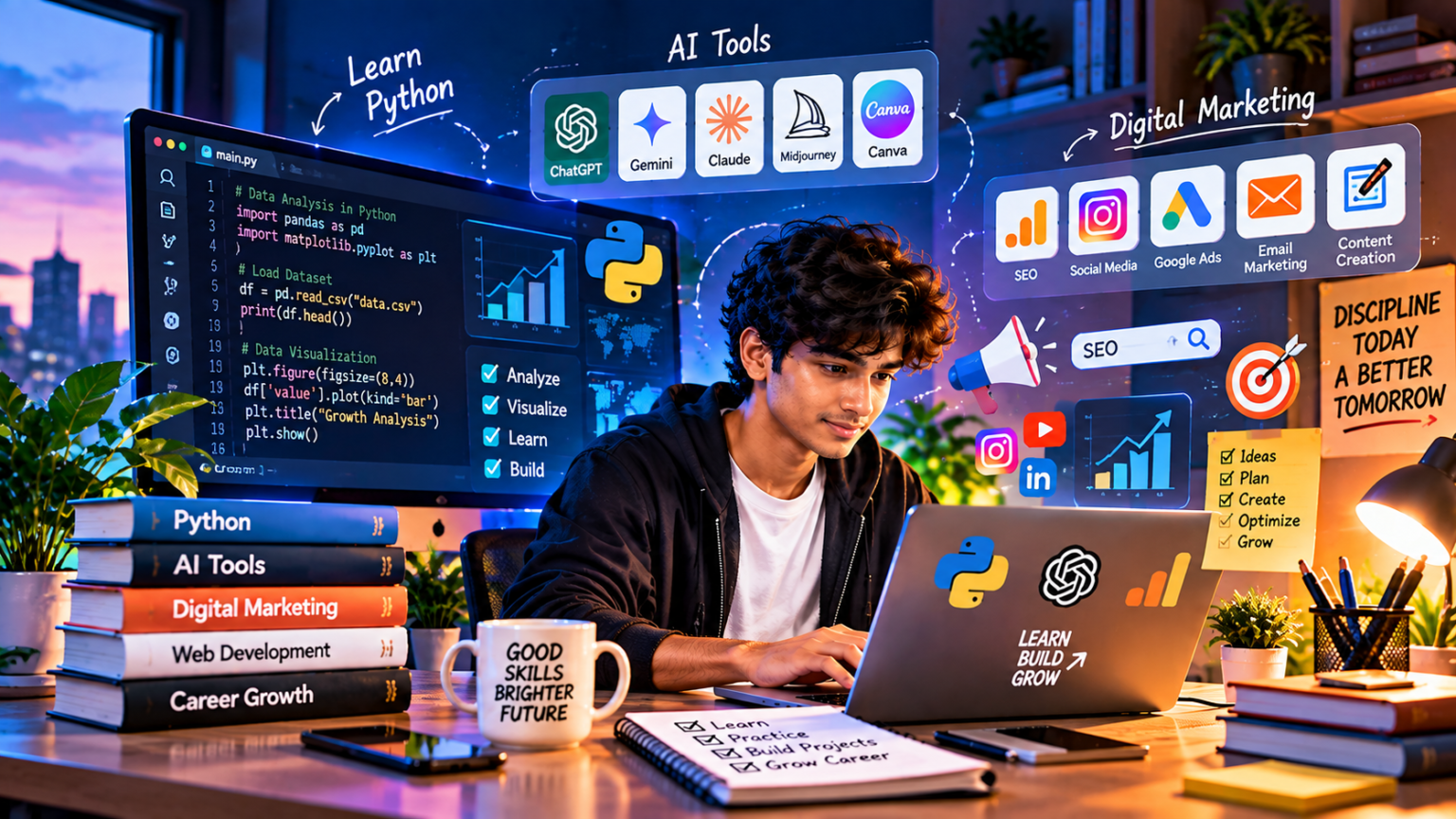 Student learning Python, AI tools, and digital marketing on a laptop