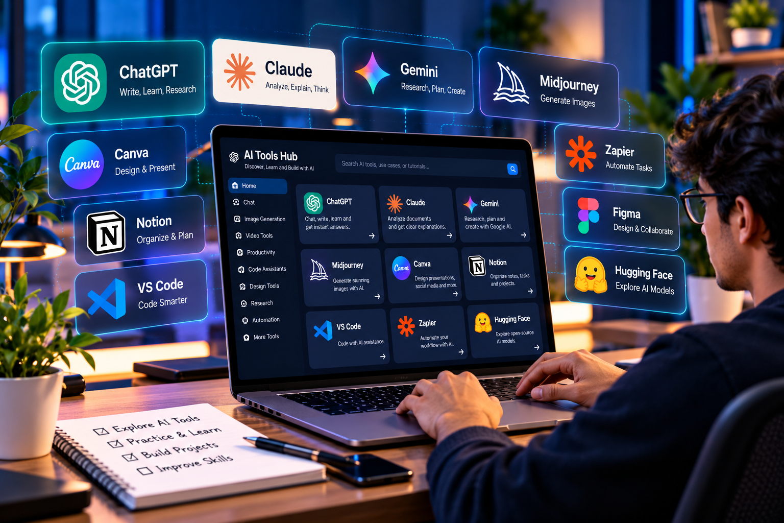AI tools dashboard for research, writing, and productivity