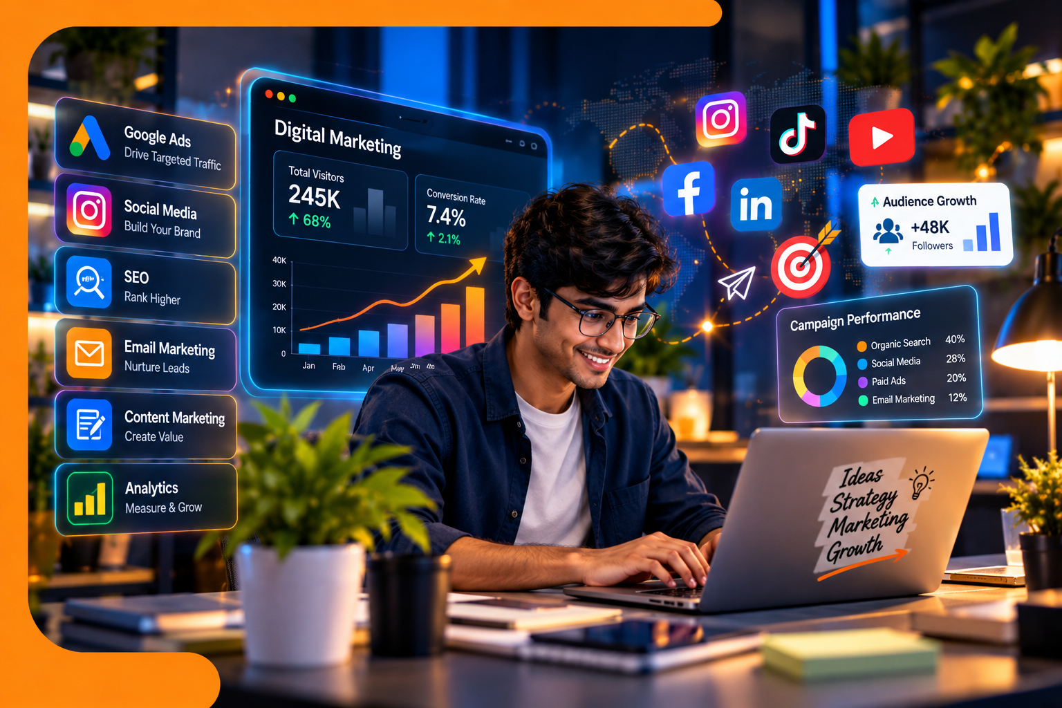 Digital marketing dashboard with SEO, social media, and analytics tools